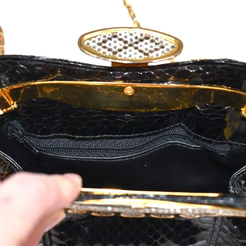 Vintage Snakeskin Shoulder Bag Clutch Crystals Party Cocktail Party 80s Black